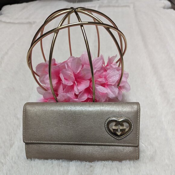 Gucci Lovely Interlocking Hearts Metallic Tan Long Leather Wallet - Picture 10 of 10